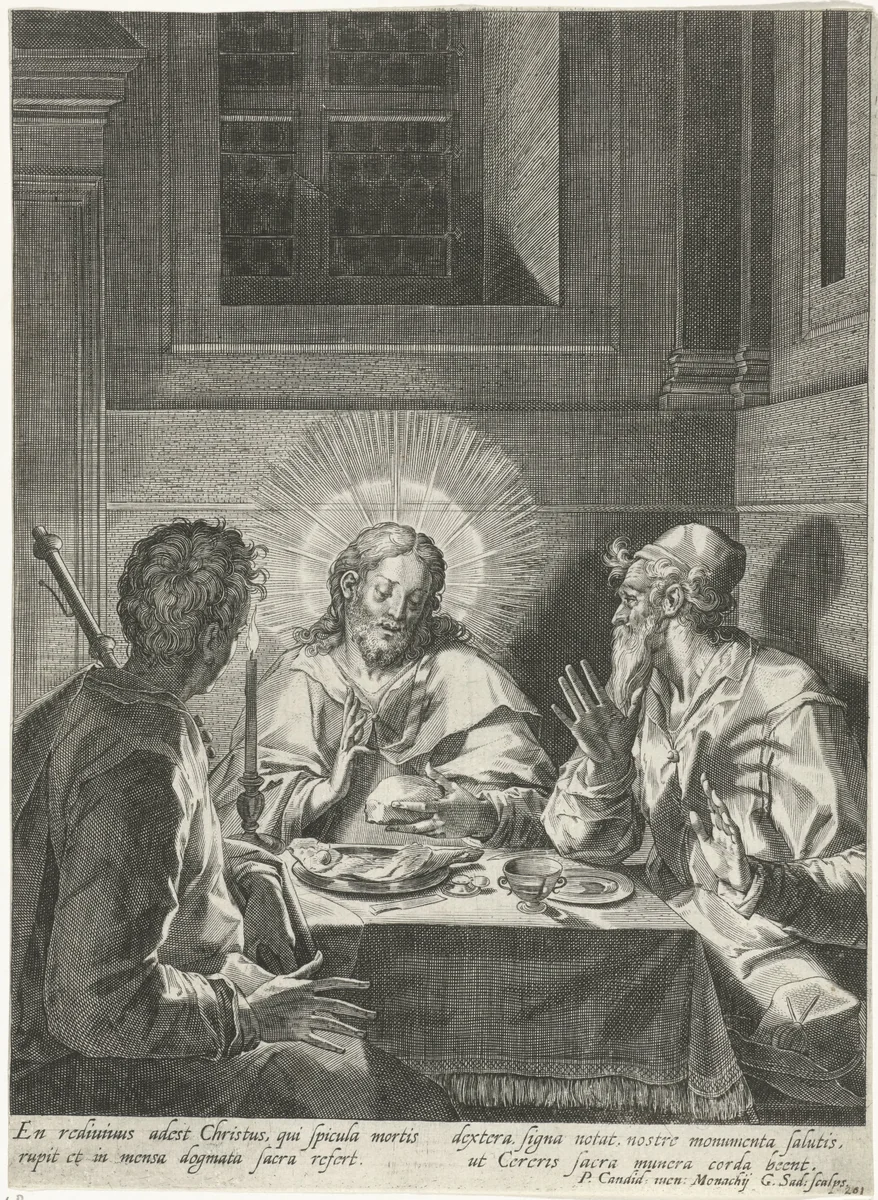 Maaltijd in Emmaüs by Unknown, print, 1580-1629