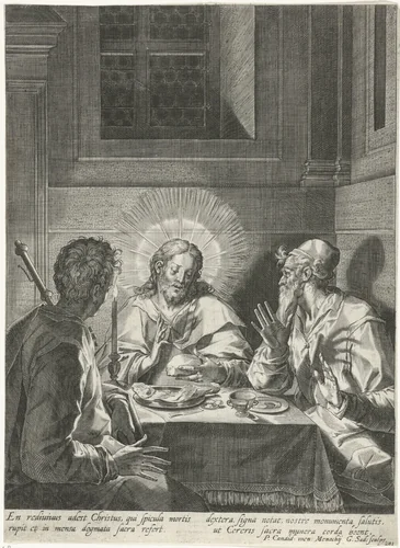 Maaltijd in Emmaüs by Unknown, print, 1580-1629