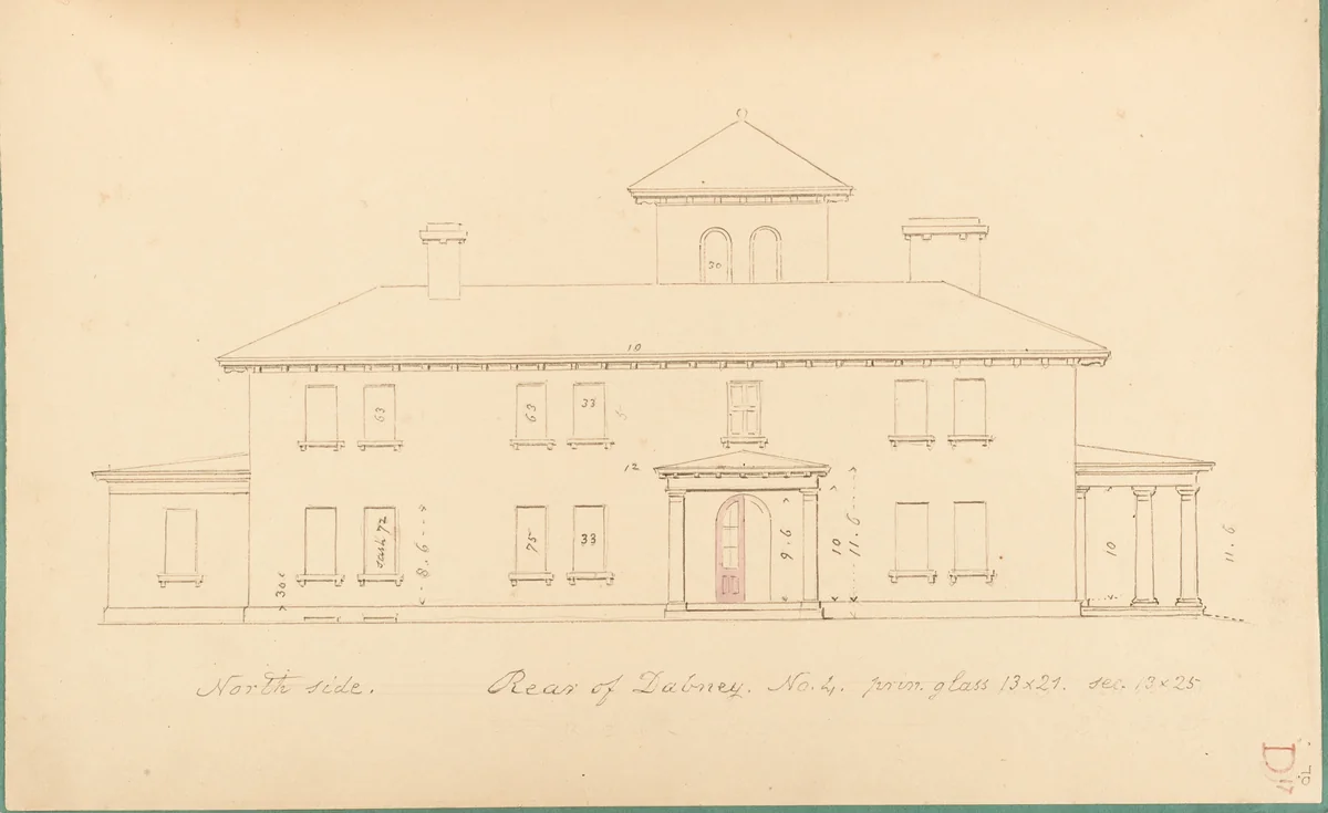 House of R. Dabney, Powhatan, Virginia (north [rear] side) by Alexander Jackson Davis, drawing, 1858