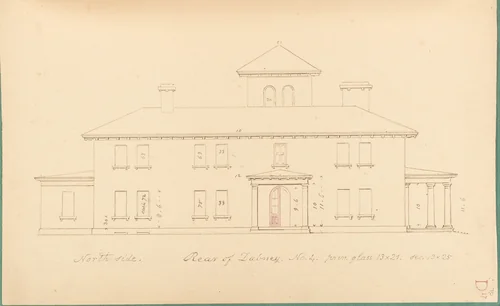 House of R. Dabney, Powhatan, Virginia (north [rear] side) by Alexander Jackson Davis, drawing, 1858