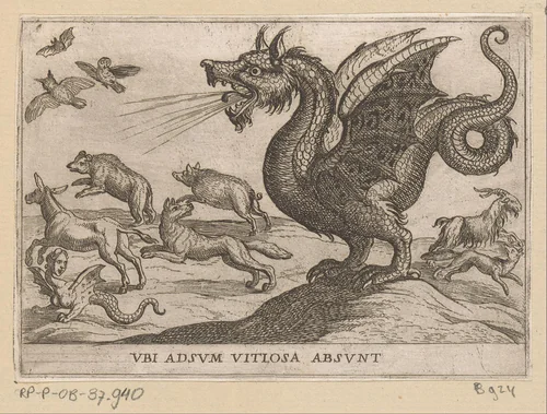 Een draak jaagt andere dieren weg by Antonio Tempesta, print, 1600