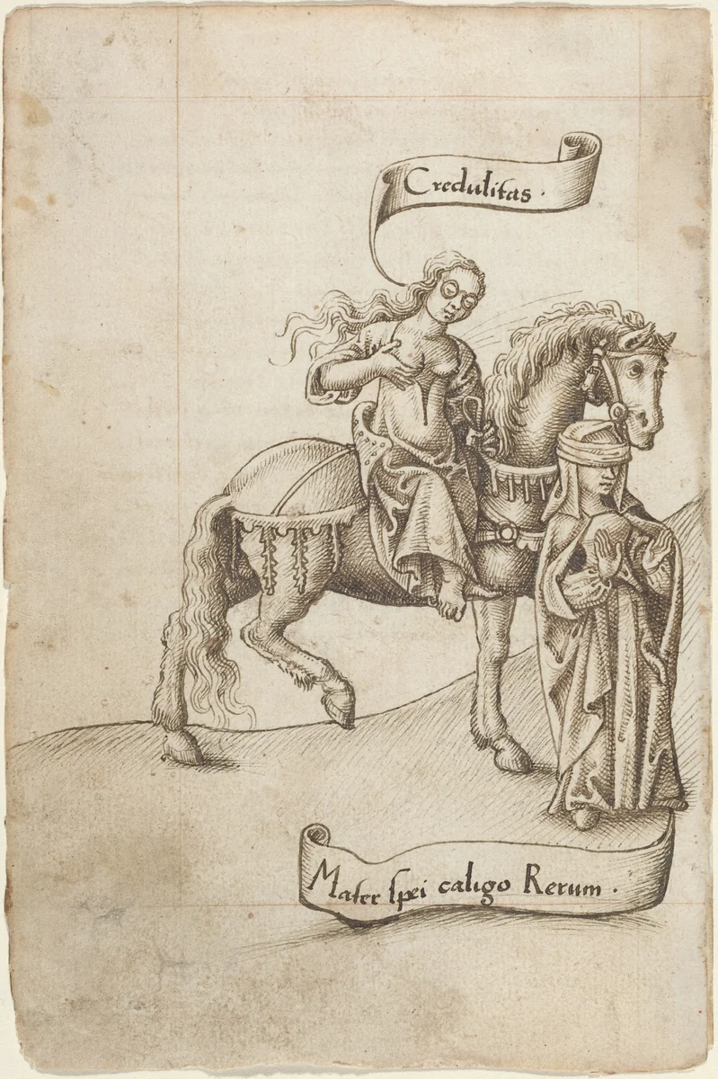 Credulity Preparing to Nurse the Mother of Hope [fol. 18 verso] by French early 16th Century, drawing, 1512-1515