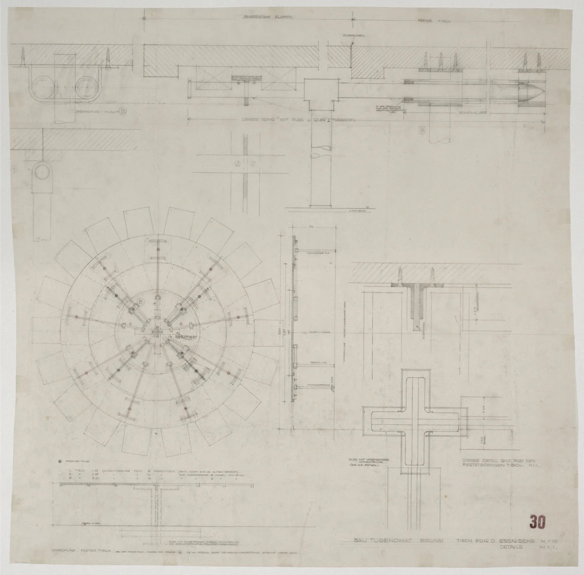 Tugendhat House, Brno, Czech Republic, Table in dining recess. Sections, elevation, plan. by Ludwig Mies van der Rohe, mies van der rohe archive, 1928