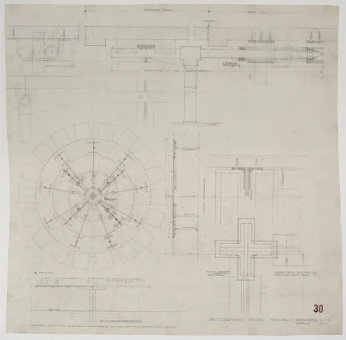 Tugendhat House, Brno, Czech Republic, Table in dining recess. Sections, elevation, plan. by Ludwig Mies van der Rohe, mies van der rohe archive, 1928