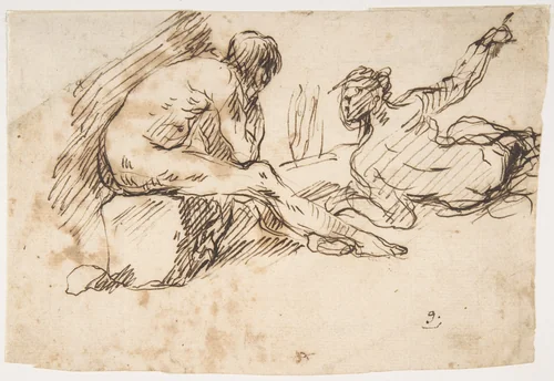 Two Nude Male Figures, One Seated and One Reclining by Micco Spadaro, drawing, 1609-1675