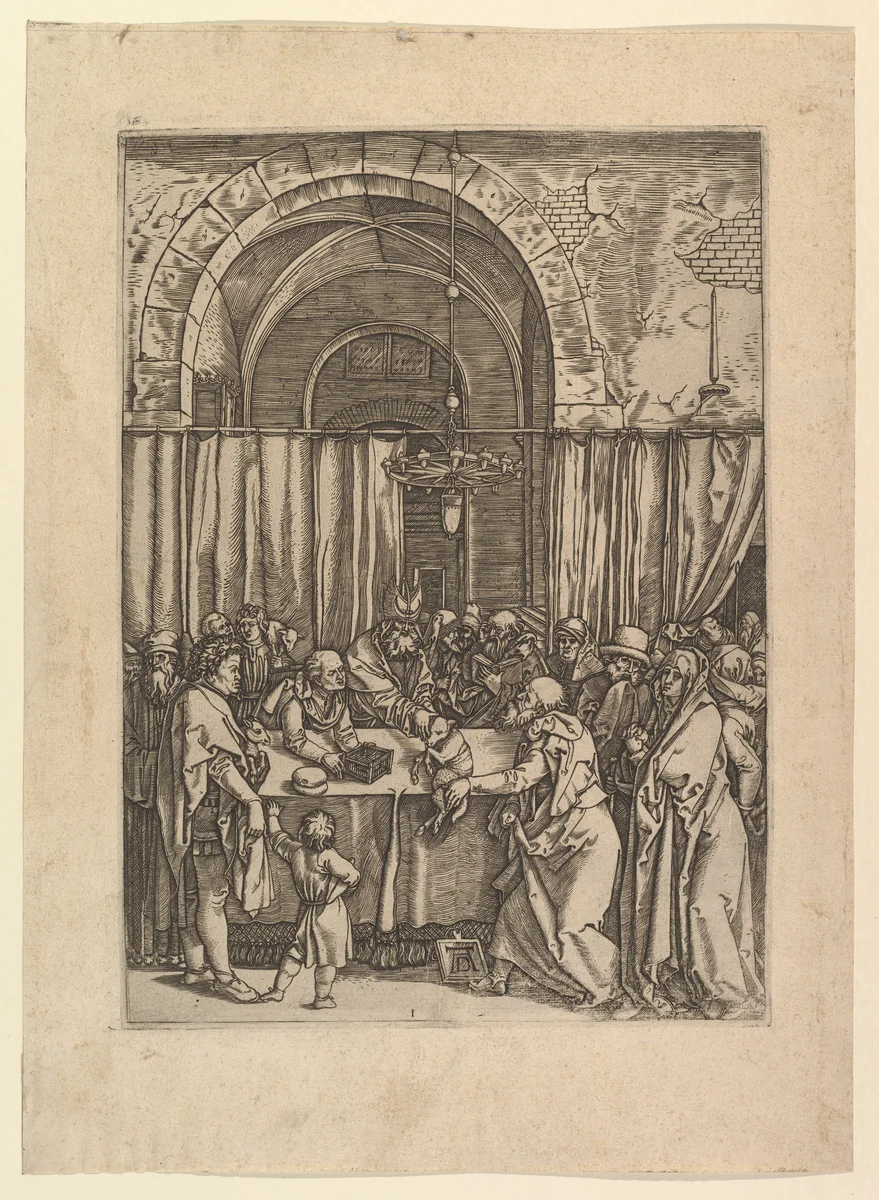 High priest refusing sacrificial lamb from Joachim, after Dürer by Marcantonio Raimondi, print, 1495-1534