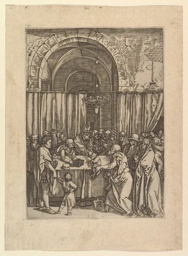 High priest refusing sacrificial lamb from Joachim, after Dürer by Marcantonio Raimondi, print, 1495-1534