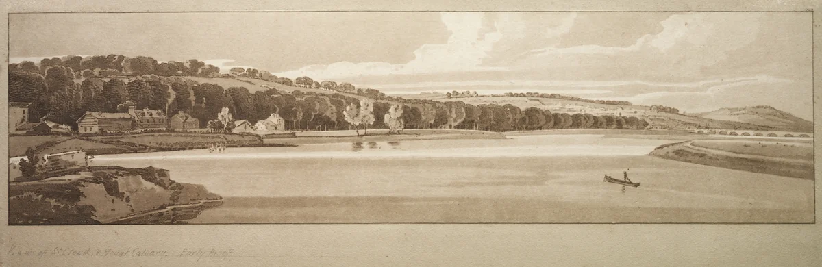 A Selection of Twenty of the Most Picturesque Views in Paris: View of St. Cloud and Mount Calvary taken from Pont de Sêve by Thomas Girtin, print, 1802