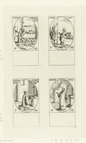 Heilige Donatilla, Heilige Maxima en Heilige Secunda van Tébourda, Heilige Fabius, Zalige Johannes Colombini, Heilige Ignatius van Loyola (30-31 juli) by Jacques Callot, print, 1632-1636
