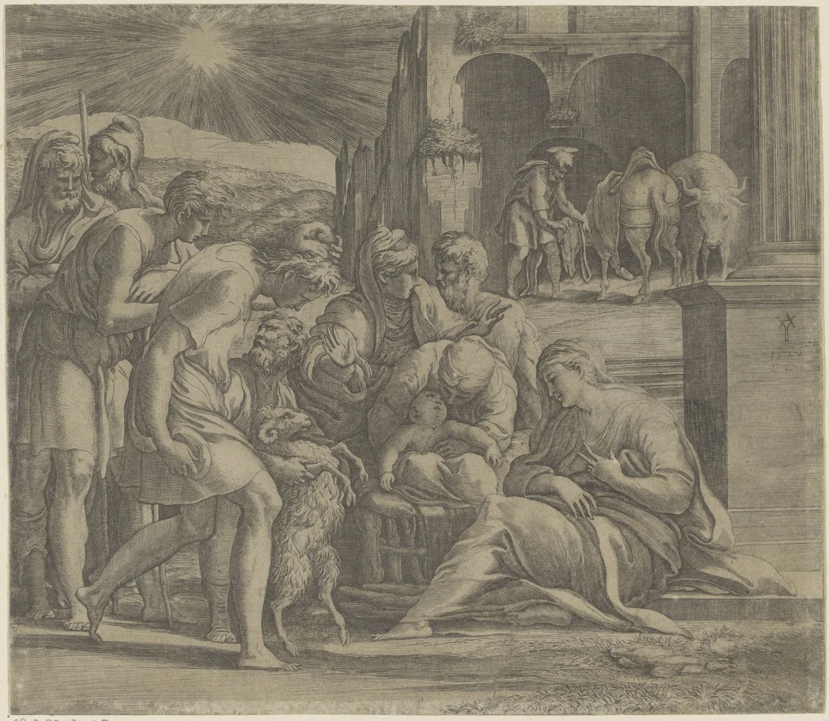 Aanbidding door de herders by Giovanni Jacopo Caraglio, print, 1526