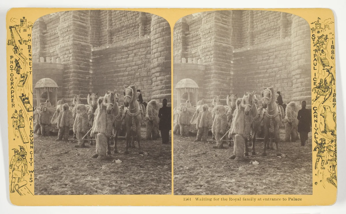 Waiting for the Royal family at entrance to Palace, No. 1564 from the series "St. Paul Ice Carnival" by Henry Hamilton Bennett, photograph, 1868-1888