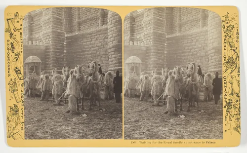 Waiting for the Royal family at entrance to Palace, No. 1564 from the series "St. Paul Ice Carnival" by Henry Hamilton Bennett, photograph, 1868-1888