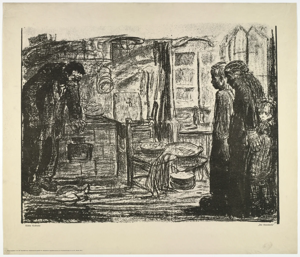 The Homecoming (Die Heimkehr) [Poster for the Groß Berliner Arbeitsgemeinschaft für alkoholfreie Jugenderziehung (Working Committee of Greater Berlin for the Alcohol-Free Upbringing of Youth)] by Käthe Kollwitz, print, 1927