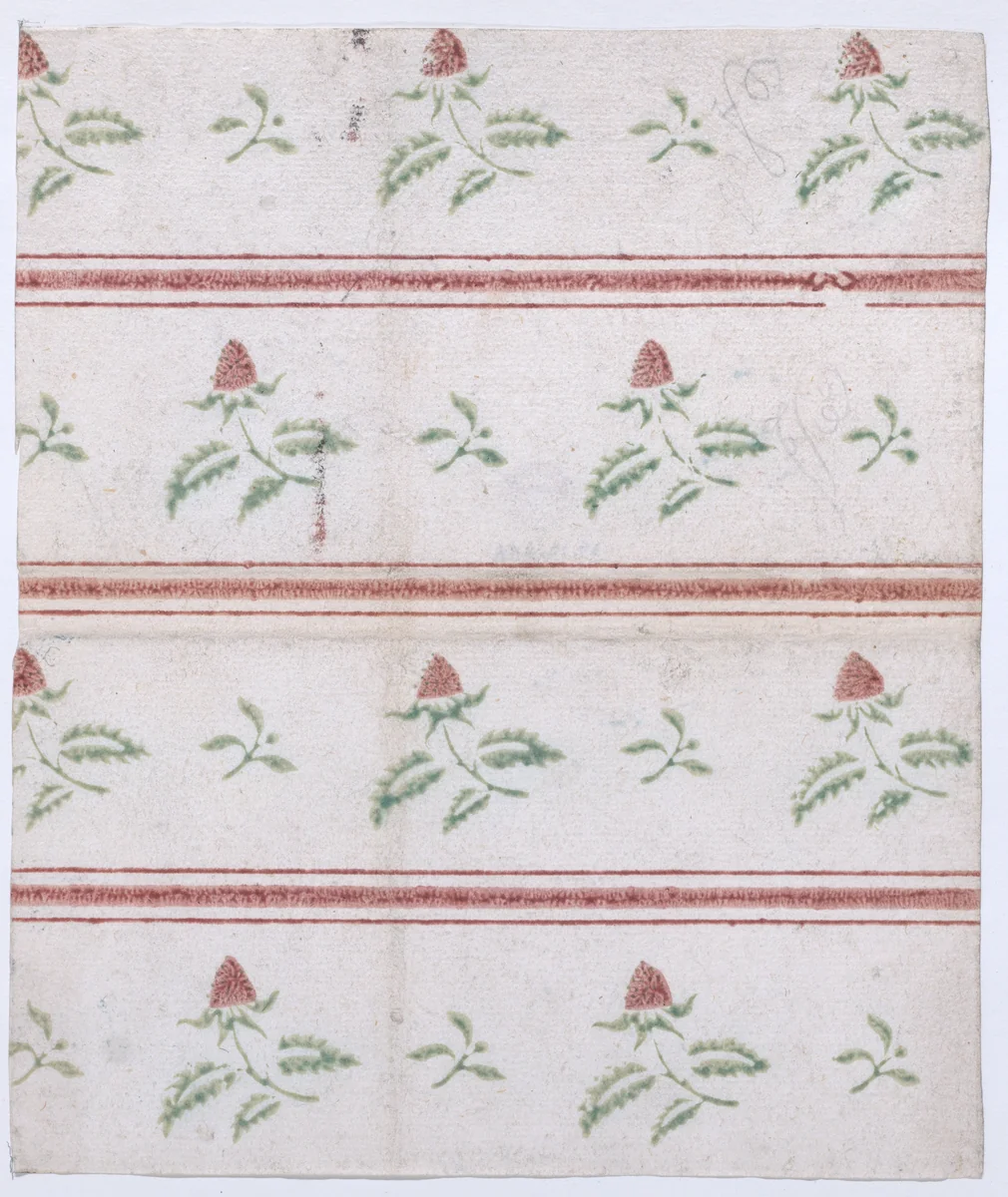 Sheet with overall leaf, flower, and stripe pattern by anonymous, print, 1800-1900
