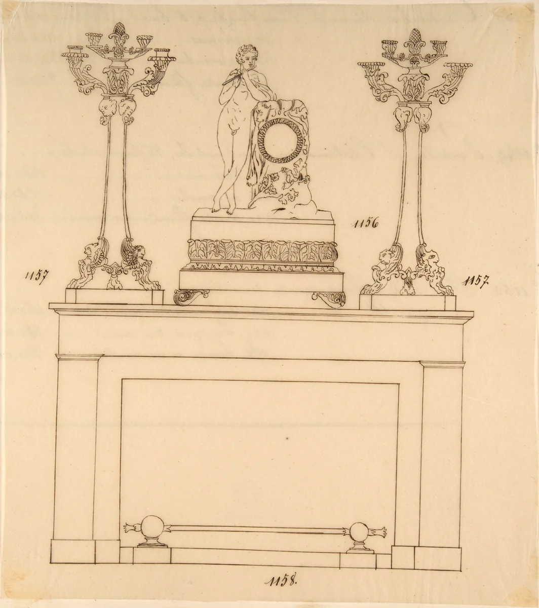 Design for a Fireplace Iron, Mantle Candlesticks and a Clock by anonymous, drawing, 1800-1899