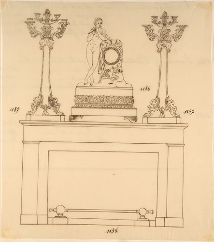 Design for a Fireplace Iron, Mantle Candlesticks and a Clock by anonymous, drawing, 1800-1899