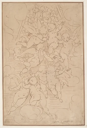 A Group of Angels in Glory by Luca Cambiaso, drawing, 1700-1799