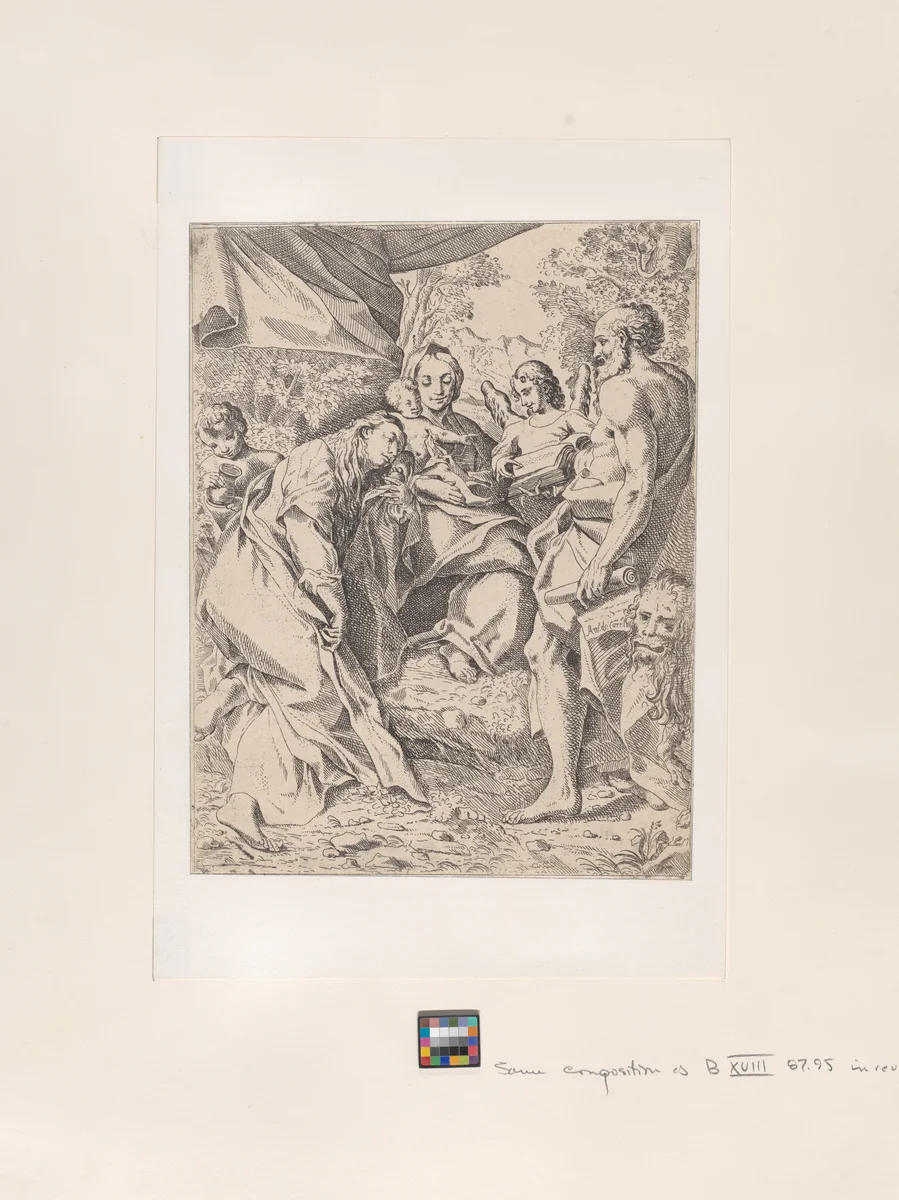 Virgin and Child, with Saints Jerome and Mary Magdalene and angels by anonymous, print, 1600-1700