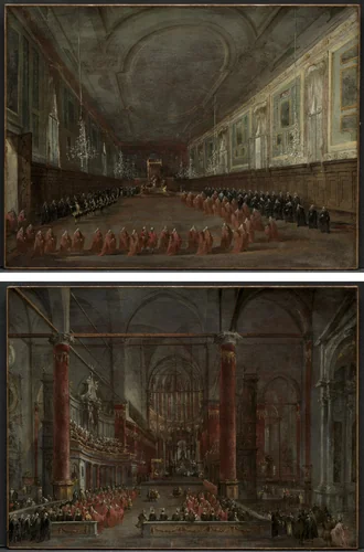 Pope Pius VI Descending the Throne to Take Leave of the Doge in the Hall of SS. Giovanni e Paolo, 1782 and Pontifical Ceremony in SS. Giovanni e Paolo, Venice, 1782 (pair) by Francesco Guardi, painting, 1778-1788