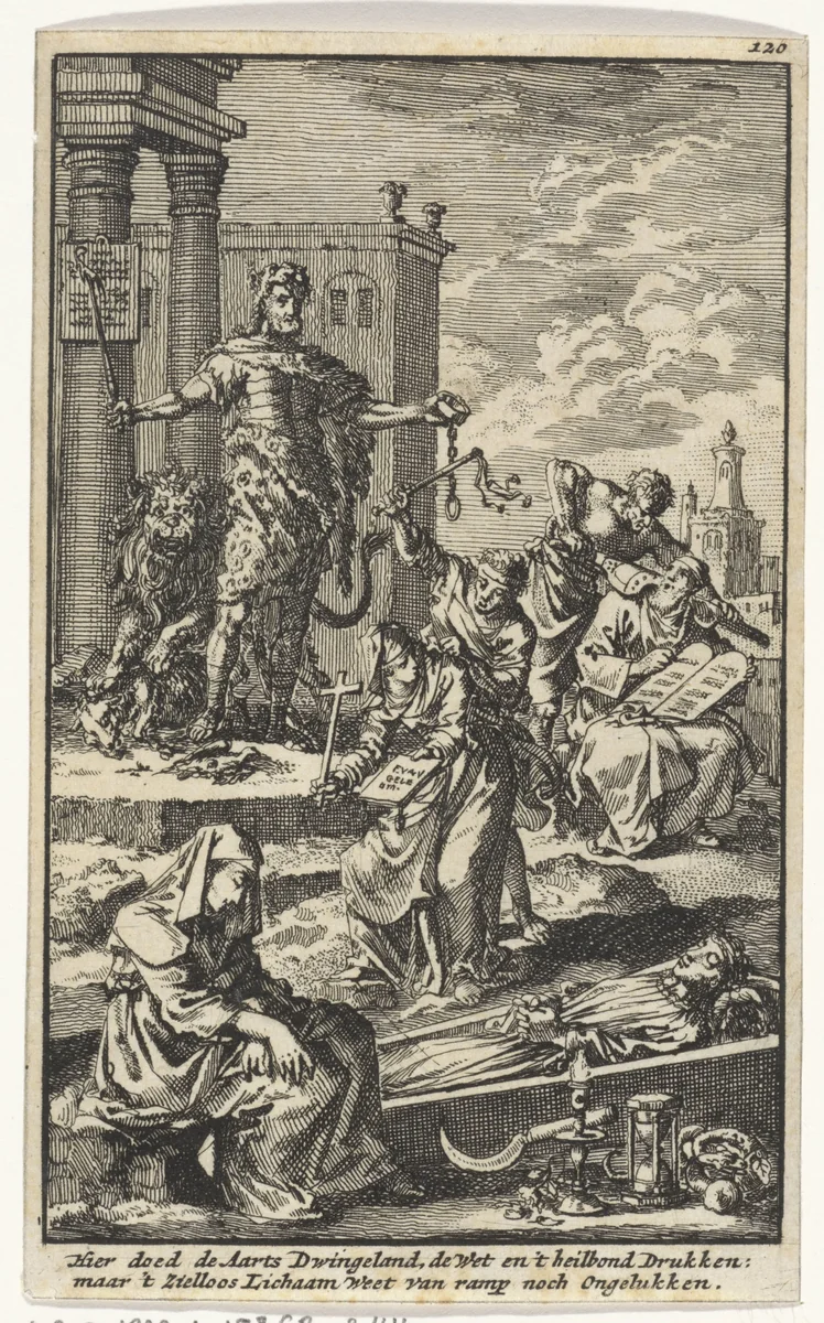 Tiran kijkt toe hoe de personificaties van de Wet en het Geloof worden onderdrukt by Jan Luyken, print, 1706