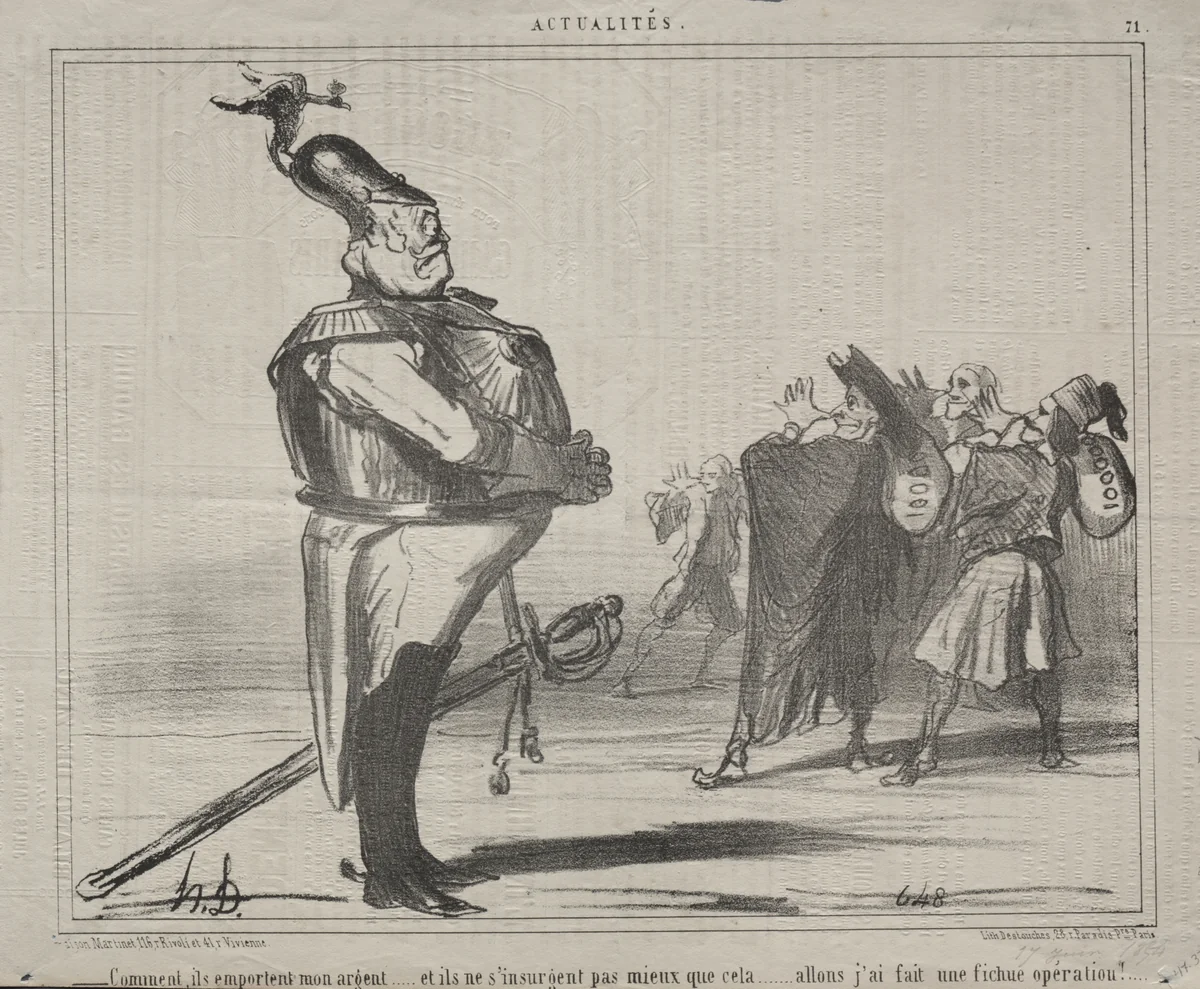 Why are they taking away my money... by Honoré Daumier, print, 1854