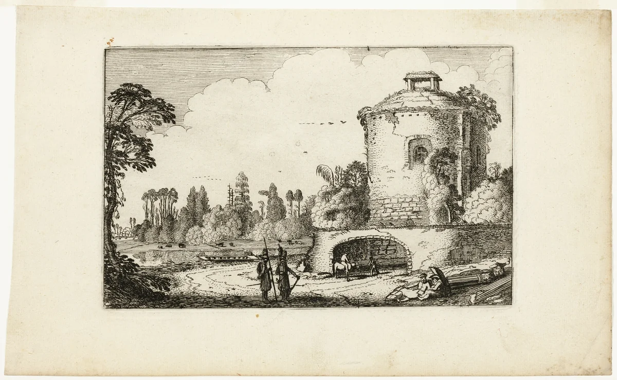 Landscape with a Round Tower by Jan van de Velde, print, 1613-1641