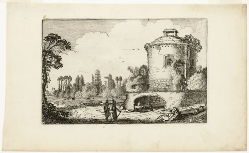 Landscape with a Round Tower by Jan van de Velde, print, 1613-1641