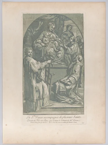 The Virgin and Child seated on a pedestal at center, to the right a monk offers a flower, and in the foreground a saint kneels before them while Saint Lawrence rests his hands on a gridiron; from 'Recueil d'estampes d'après les plus beaux tableaux et d'après les plus beaux desseins qui sont en France, Cabinet Crozat' after a drawing by Pietro Antonio de' Pietri by Anne Claude Philippe de Tubières, print, 1724-1734