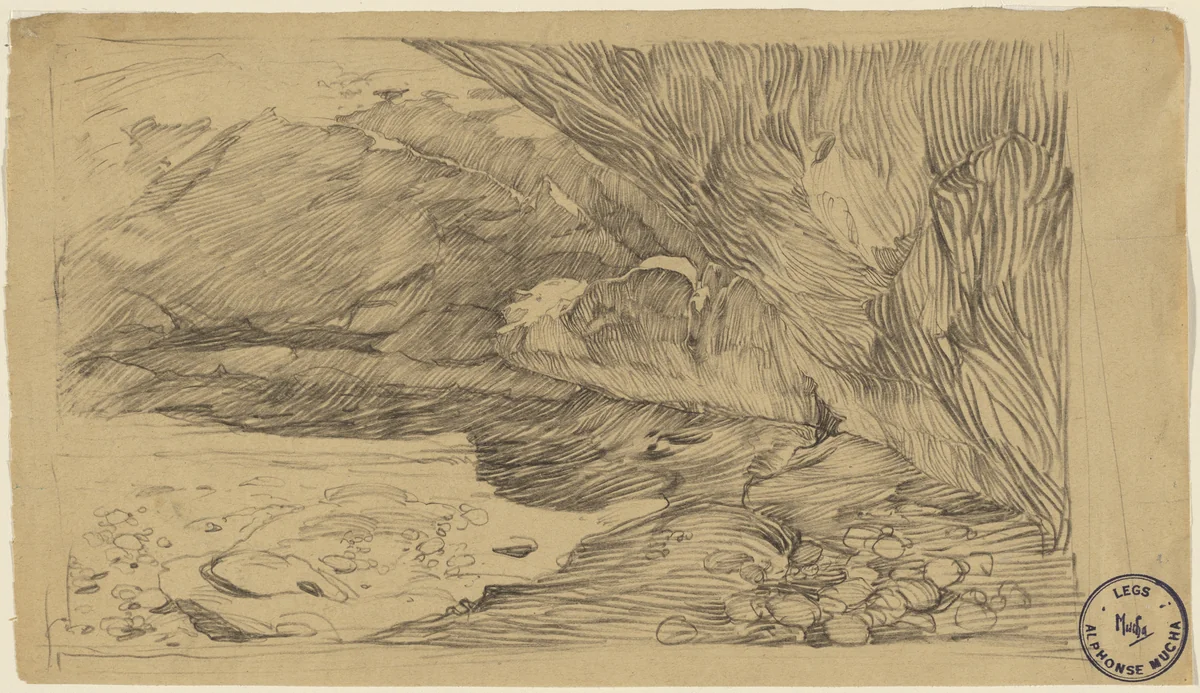 Rocks on the Shore by Alphonse Mucha, drawing