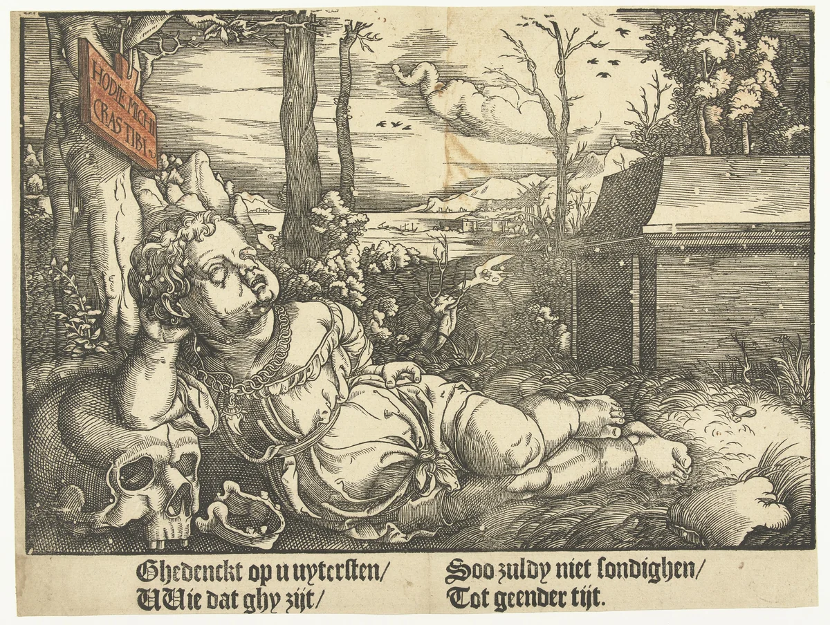 Kind liggend bij doodshoofd by anonymous, print, 1540-1560