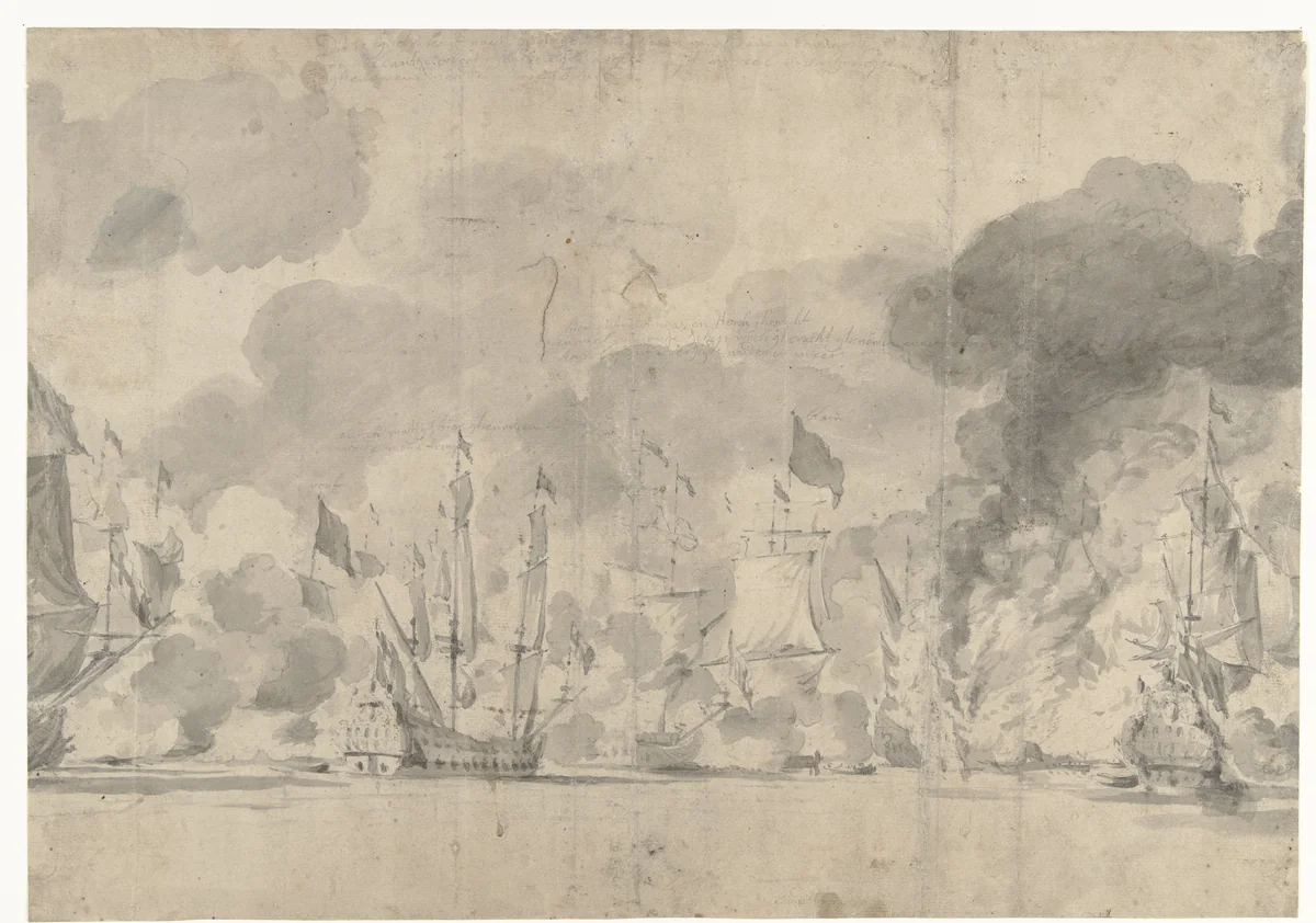 Zeeslag bij Lowestoft op 13 juni 1665 by Willem van de Velde, drawing, 1665