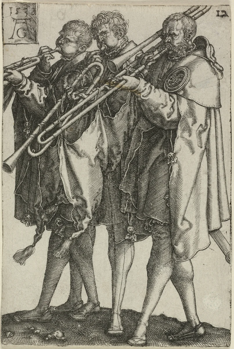 Three Trombonists, plate twelve from The Large Wedding-Dancers by Heinrich Aldegrever, print, 1538