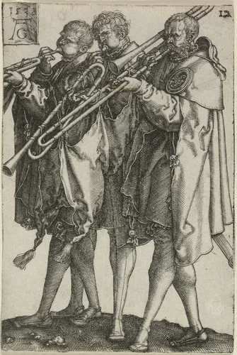 Three Trombonists, plate twelve from The Large Wedding-Dancers by Heinrich Aldegrever, print, 1538