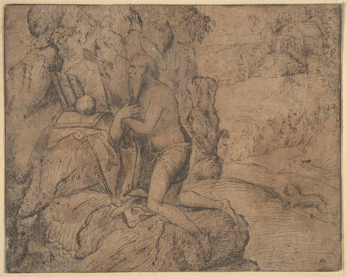 St. Jerome in a Landscape by anonymous, drawing, 1495-1500