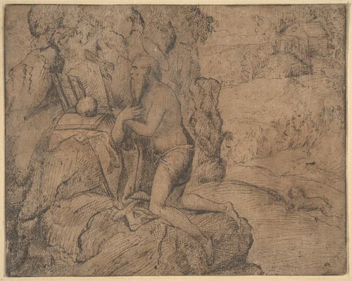 St. Jerome in a Landscape by anonymous, drawing, 1495-1500