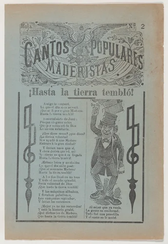 Broadsheet celebrating one of the founders of the Mexican Revolution, Francisco Madero, shown in a suit and top hat pointing to the phrases 'Que Si' and 'Que No' by José Guadalupe Posada, print, 1906-1916