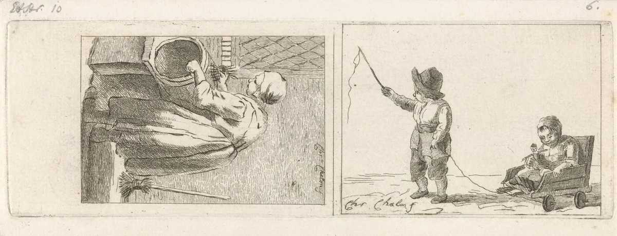 Boenende vrouw en kinderen spelend met rolkar by Pieter de Mare, print, 1779