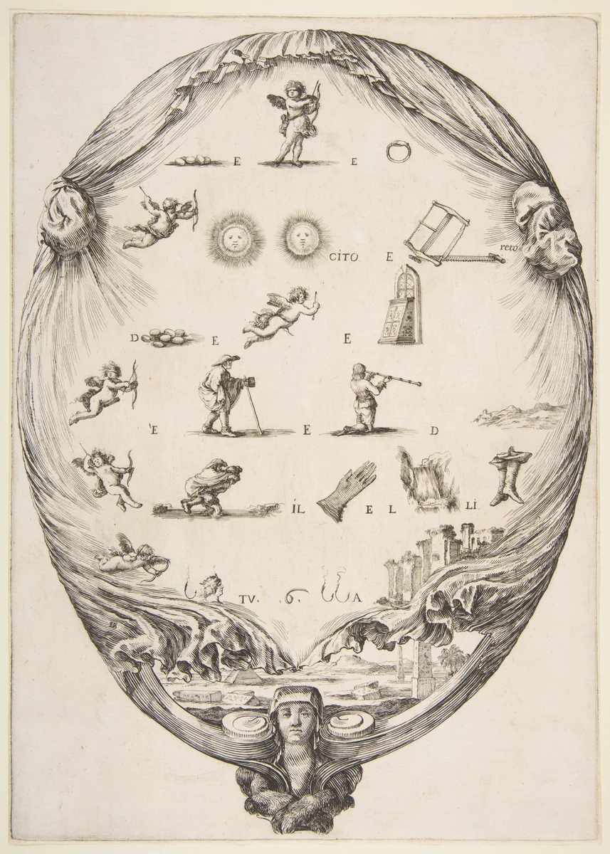 Rébus on the subject of love, a riddle depicted on drapery, below a landscape with a pyramid and two obelisks, a bust of a sphinx at bottom, an oval composition by Stefano della Bella, print, 1634-1644