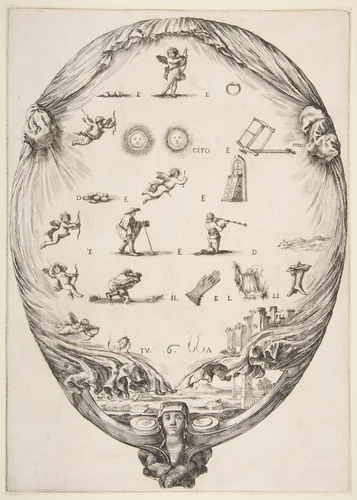Rébus on the subject of love, a riddle depicted on drapery, below a landscape with a pyramid and two obelisks, a bust of a sphinx at bottom, an oval composition by Stefano della Bella, print, 1634-1644