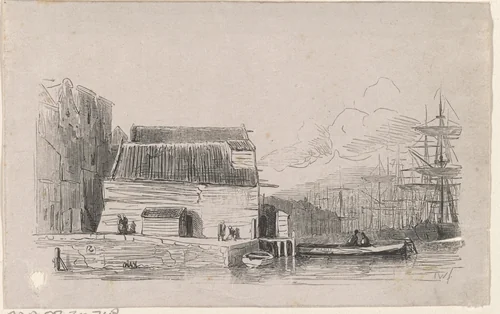 Stadsgezicht met huizen aan het water en schepen by Isaac Weissenbruch, print, 1836-1912