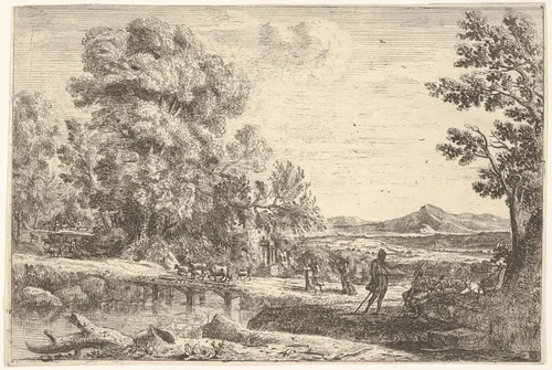 Rebecca and Eliezer taking leave of her father, Bethuel, set in a landscape, a large tree to the left by Claude Lorrain, print, 1635-1645