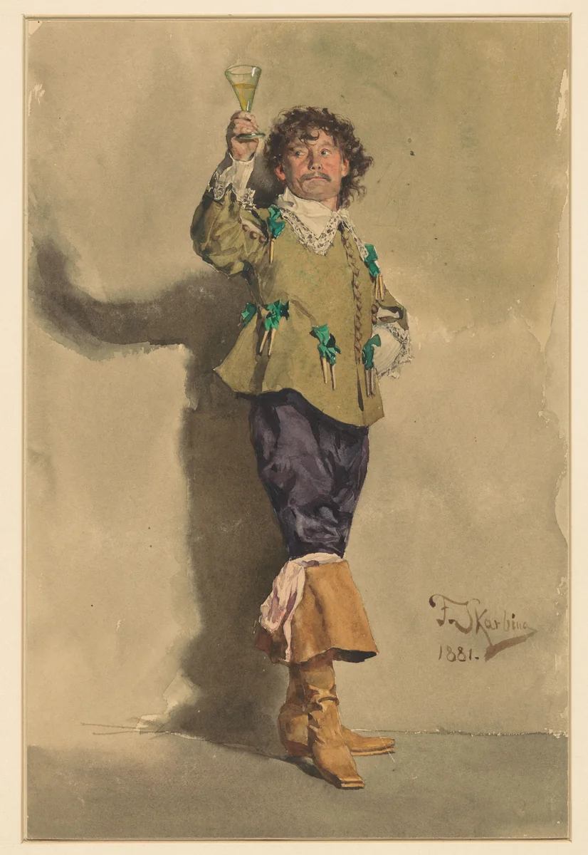 Man in Louis XIII-kledij, staande ten voeten uit, driekwart naar rechts, een glas wijn heffend by Franz Skarbina, drawing, 1881
