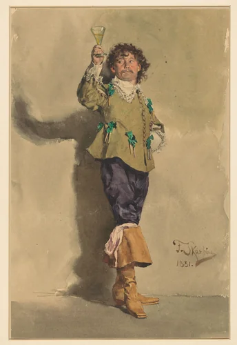 Man in Louis XIII-kledij, staande ten voeten uit, driekwart naar rechts, een glas wijn heffend by Franz Skarbina, drawing, 1881