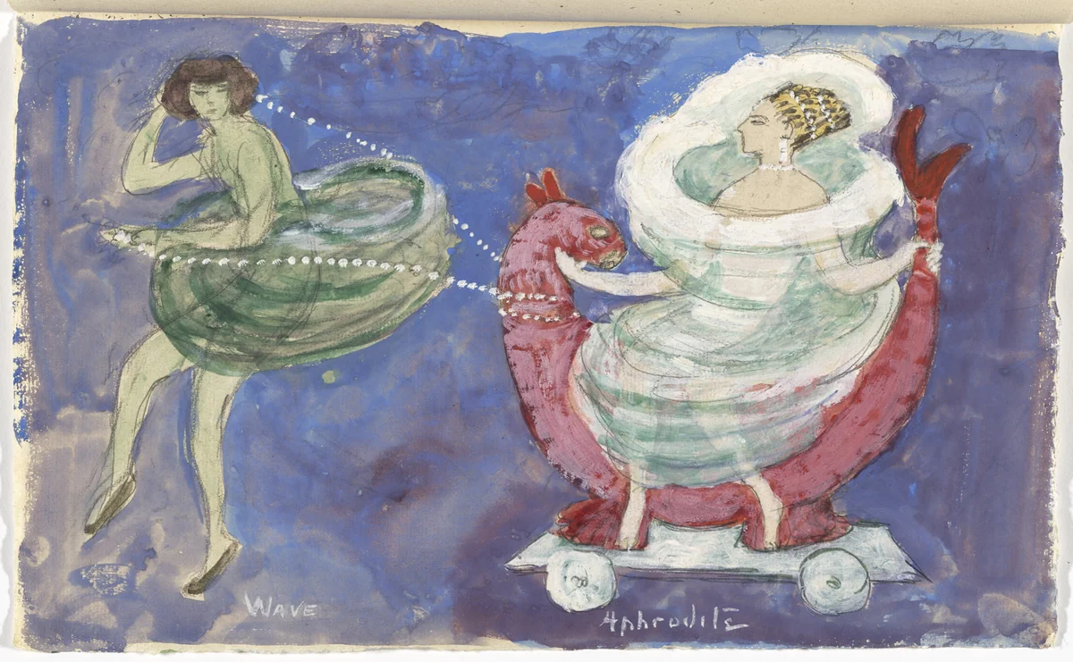 Costume design (Wave Drawing Aphrodite on a Dolphin) for artist's ballet Orphée of the Quat-z-arts by Florine Stettheimer, drawing, 1912