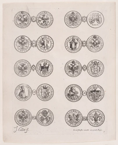 Plate 3, Featuring 10 Coins Issued by European Princes in the 16th and 17th centuries, from "Les Monnaies" (The Currencies) by Jacques Callot, print, 1625-1635