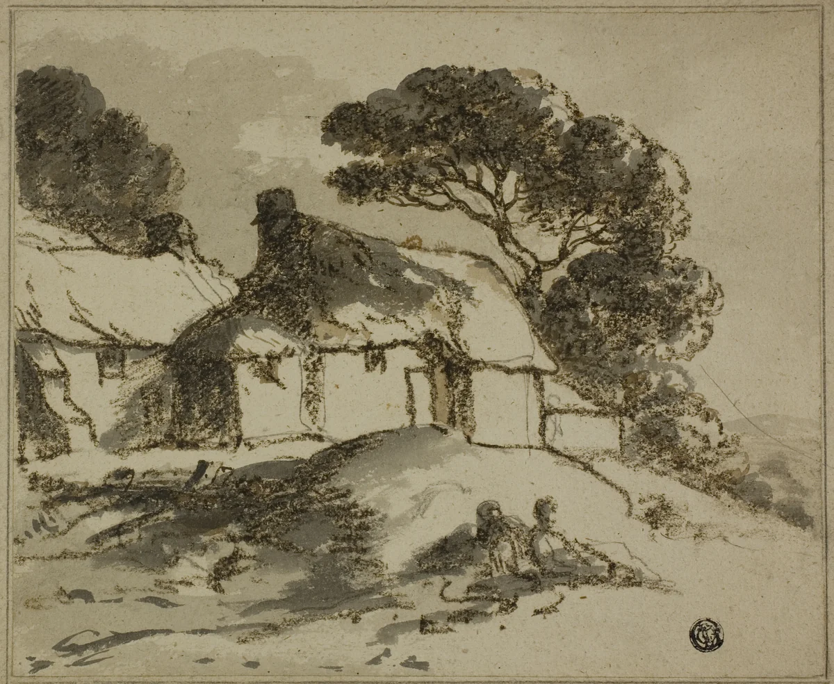 Cottages and Trees on Hillside by Thomas Monro, drawing, 1779-1833