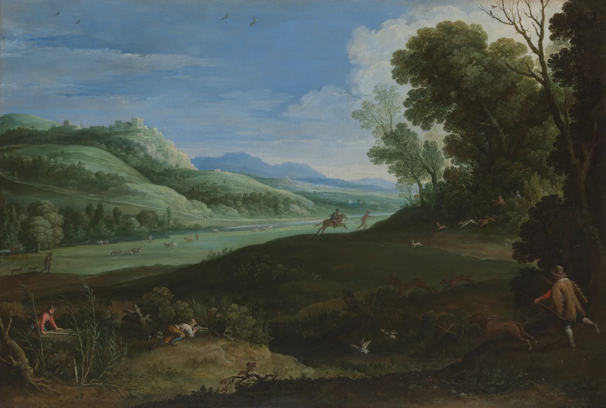 Landscape with Hunters by Paul Bril, painting, 1619