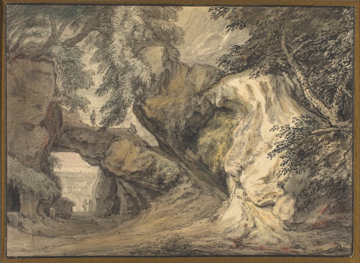 Landscape with a Natural Arch by Abraham Genoels II, drawing, 1713-1723