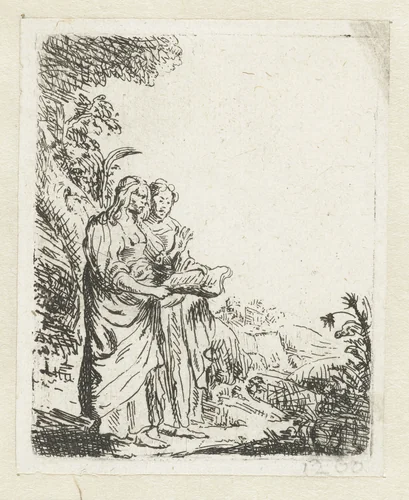 Twee vrouwen met een boek in een landschap by Jan Lievens, print, 1625-1674