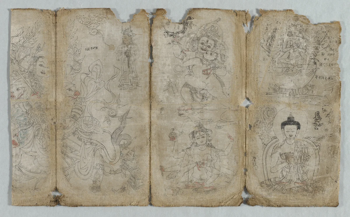Iconographic Drawings: Vaishravana, Yama, Ushnishavijaya, Chunda (?), and Buddha (recto) by Unknown, drawing, 1495-1505